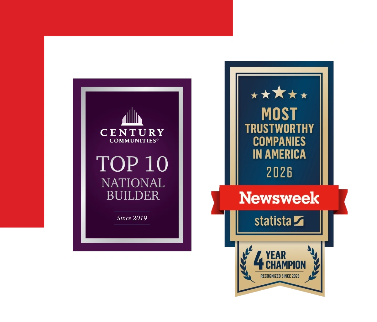 Century Communities Top 10 National Builder and Newsweek Most Trustworthy Companies in America 2026 badges